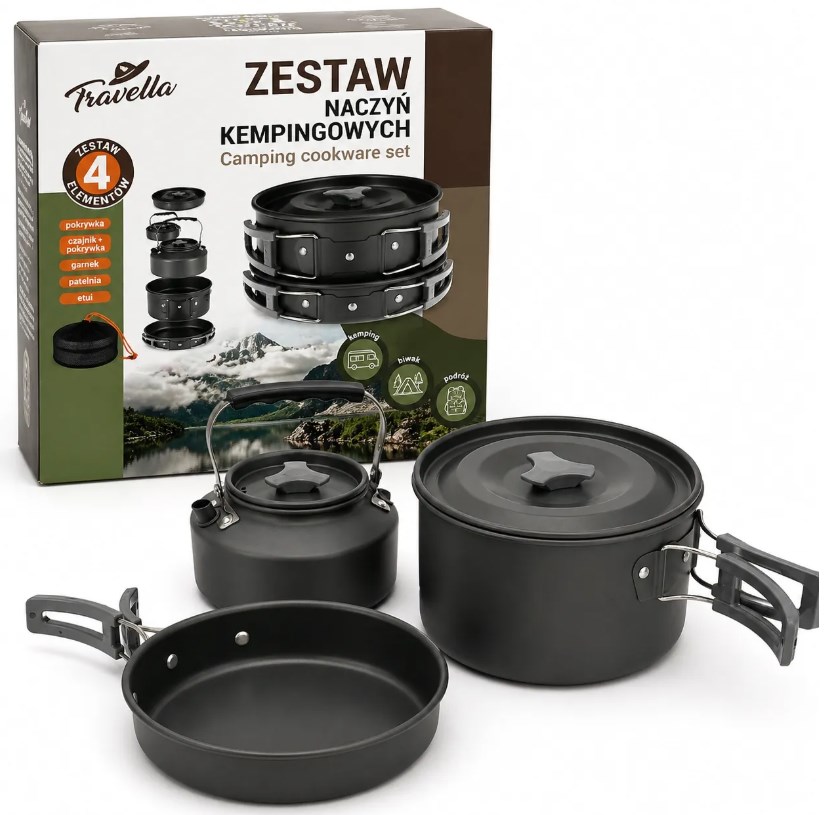 Zestaw kempingowy 4-elementowy – naczynia turystyczne do gotowania w terenie